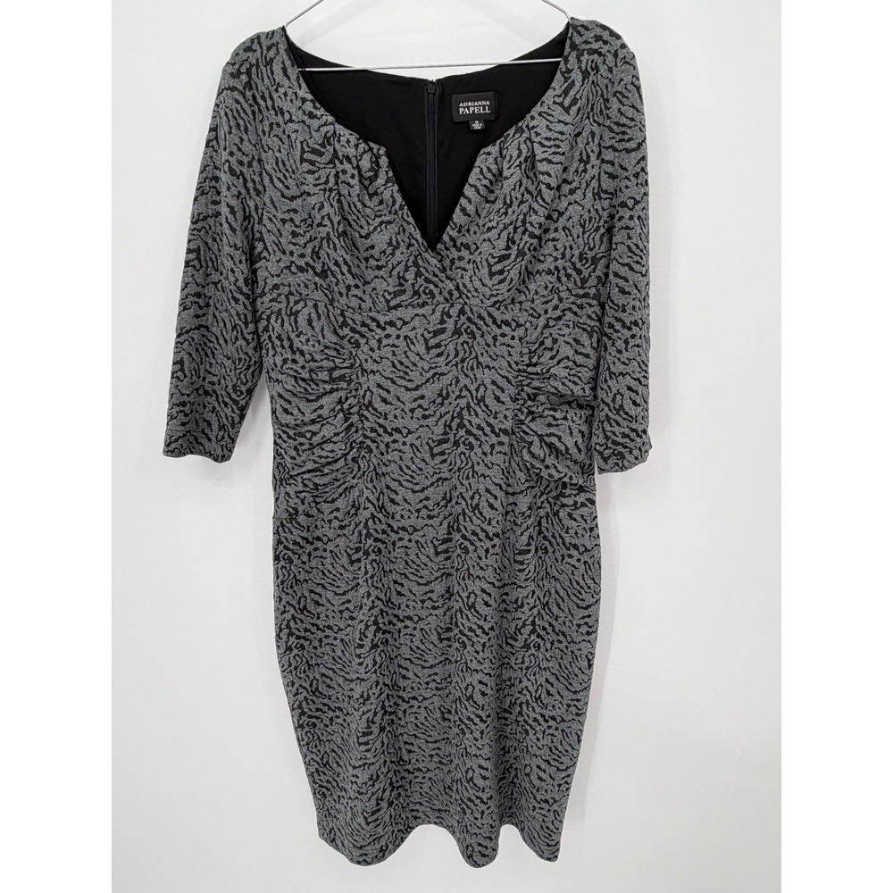Adrianna Papell Womens Sheath Dress Ruched Animal Print Grey Size 14